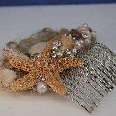 etsy bridal haor accessories star fish Starfish and Seashell with Pearls and Rhinestones Bridal Comb/ Beach T –  Christy Marie's