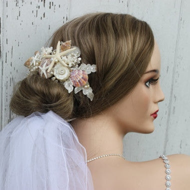 Iridescent Seashells with Floating Starfish and Fresh Water Pearls Bridal Hair Piece