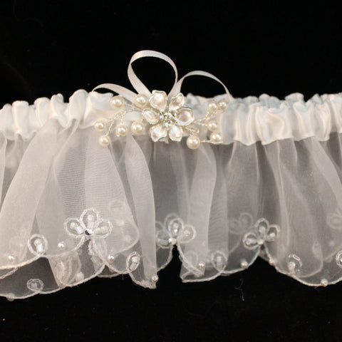 Beautifly White Garter with Pearlized Flower and Rhinestone Center