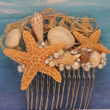 Starfish and Seashell with Pearls and Rhinestones Bridal Comb/ Beach Themed/ Destination Wedding/ Bride