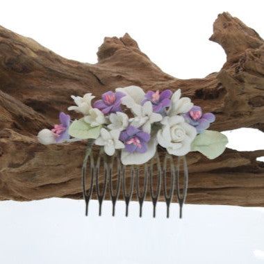 Purple and Ivory Flower Bridal Hair Comb