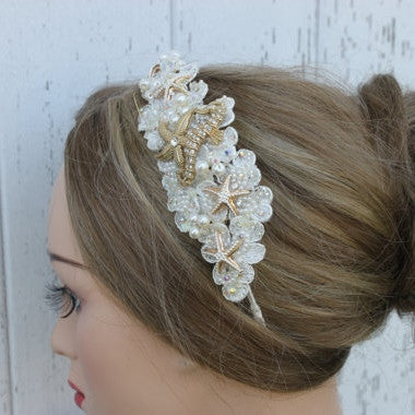 Gold and Ivory Starfish and Seahorse with Pearls and Sequins Bridal Headpiece