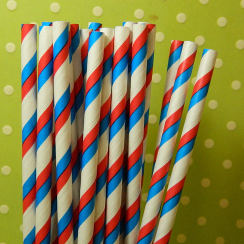 Red & Blue Striped Paper Straws w/ Flags