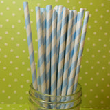 Light Blue Striped Paper Straws w/ Flags