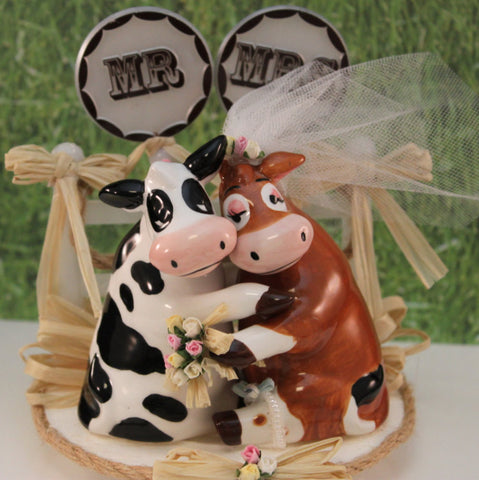 Bride & Groom Cow Wedding Cake Topper Barn Yard
